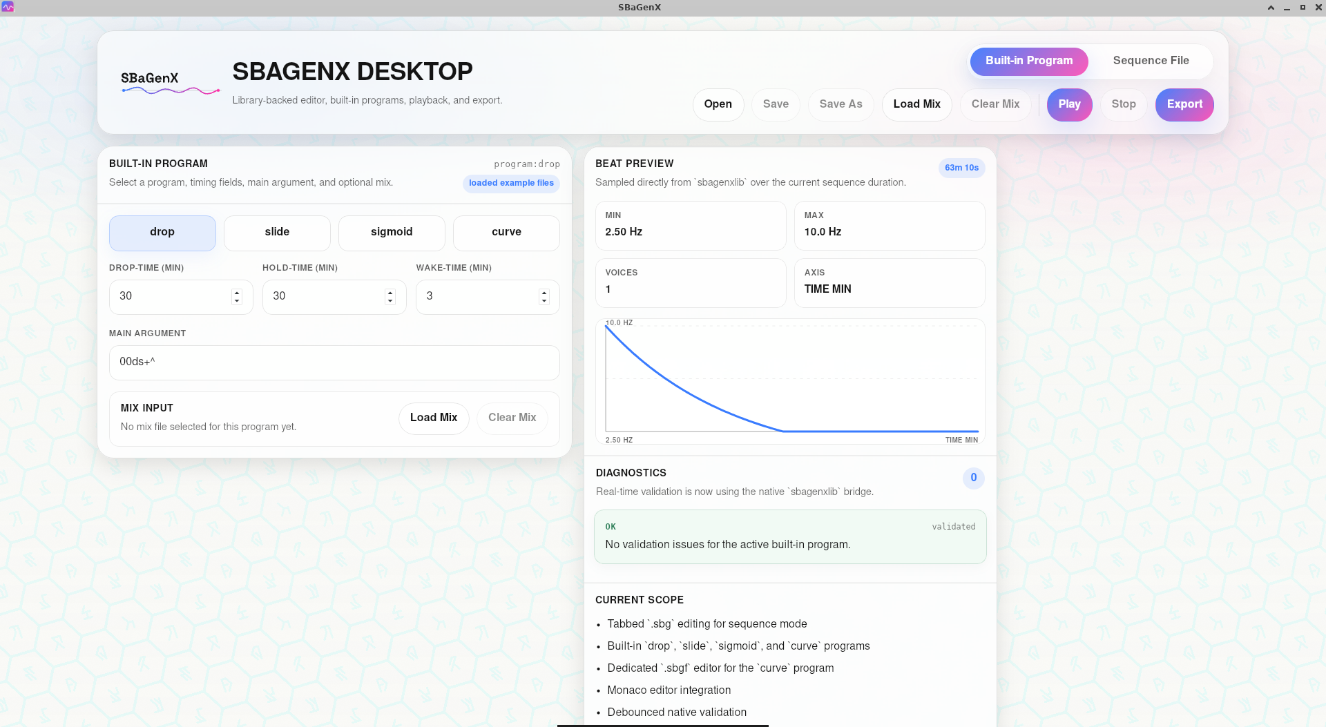 Current screenshot of the SBaGenX Desktop GUI.